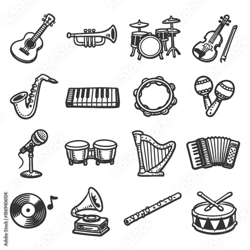 Variety of musical instruments: guitar, trumpet, drums, violin, saxophone, keyboard, tambourine, maracas.