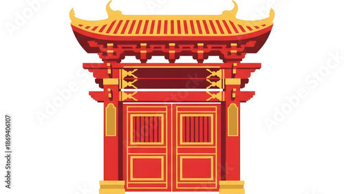 Traditional oriental gate vector design, simple carved details