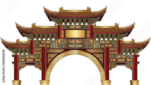 Luxurious Chinese archway vector illustration, metallic gold accents, perfect symmetry