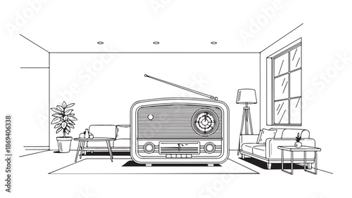 Vintage Radio on a Rug in a Line Art Living Room