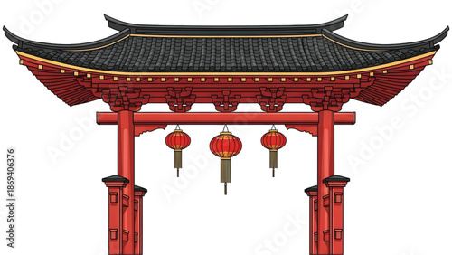 East Asian festival gate with curved roof and red lanternS