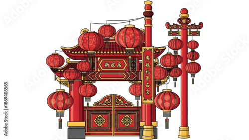 Chinese New Year celebration gate with hanging lanterns and big red poles