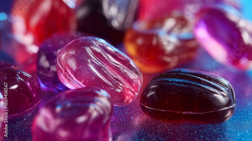 Colorful translucent jelly candy close-up with vibrant lighting for sweet product branding and food photography concept