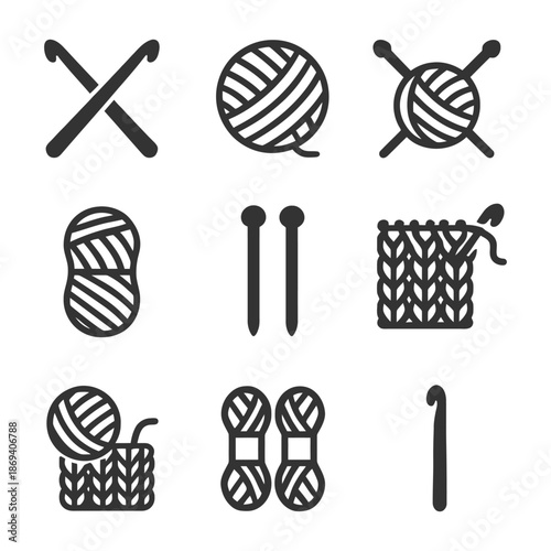 Knitting and crochet icons: needles, yarn balls, hooks, and stitches.