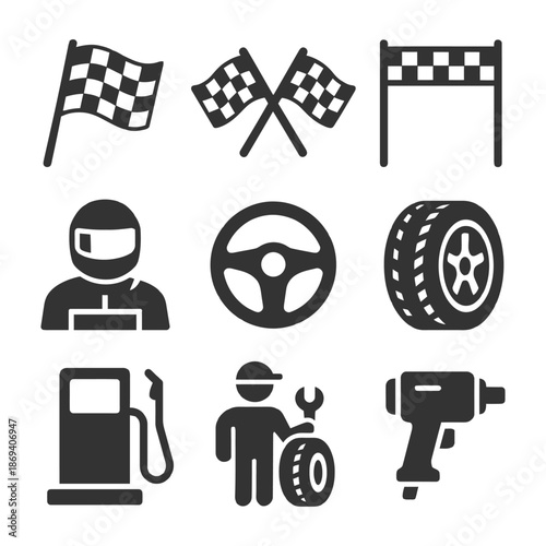 Motorsport icons: checkered flags, racing gear, and automotive tools.