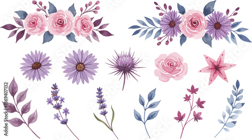 Watercolor floral illustrations of pink and purple flowers and leaves