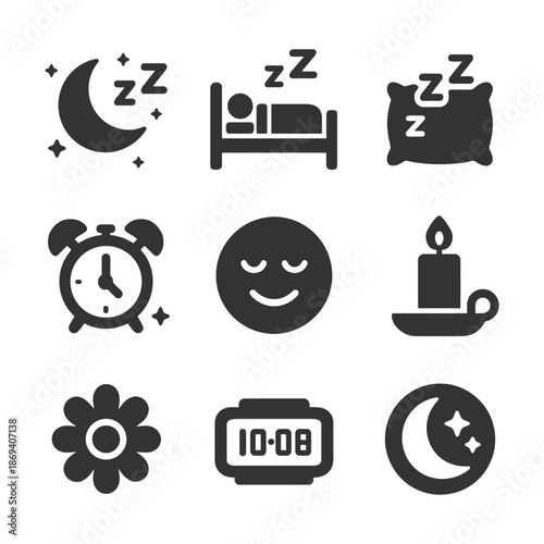 Sleep and relaxation icons including moon, bed, pillow, clock, candle, flower, and smiley.