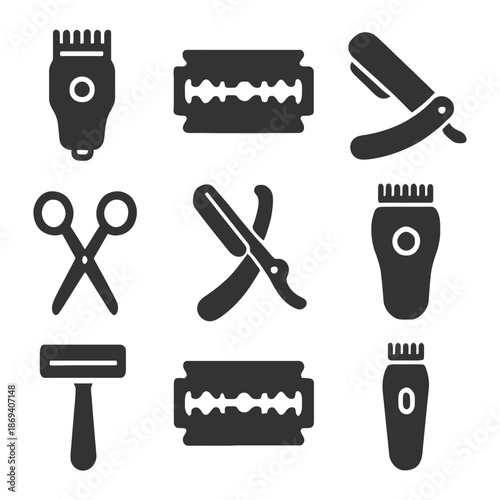 Collection of barber and shaving tools icons in black and white.