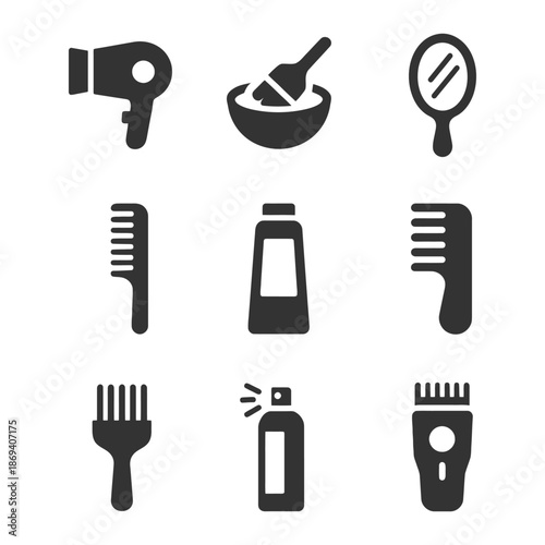 Hair styling tools: symbols of hairdryer, comb, mirror, spray, and trimmer.