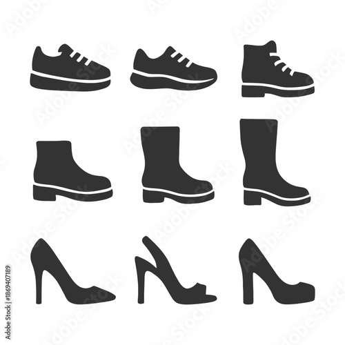 Collection of various shoe silhouettes: sneakers, boots, and heels in black icons.