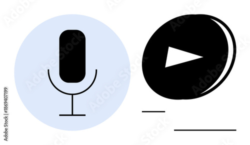 Audio recording, media playback, sound technology, podcast creation, digital communication, streaming services. Microphone with play button symbol. Audio recording and media playback theme