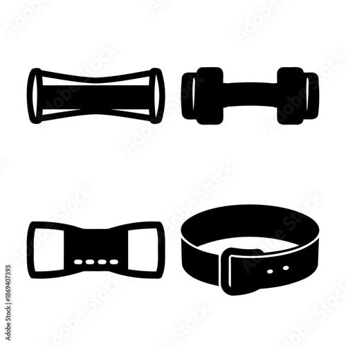 Essential fitness gear icon set featuring dumbbells, resistance band handles, and a workout strap
