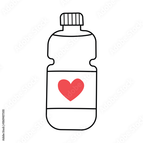 Water bottle with a heart. Doodle, linear