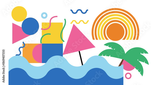 Stylized tropical beach scene illustration with geometric shapes and vivid colors