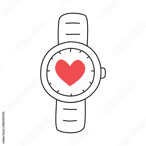 Wristwatch with a heart. Doodle, linear illustration