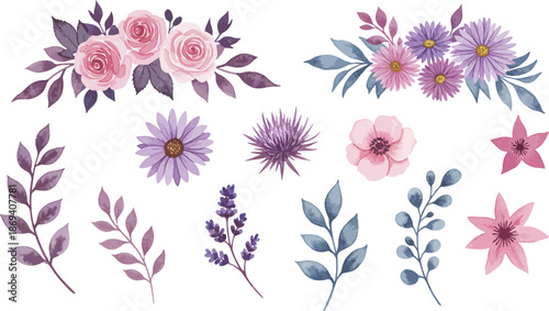 Watercolor floral illustrations of various flowers and foliage in pastel colors