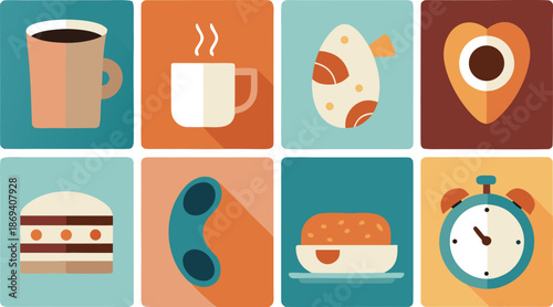Colorful illustrations of breakfast foods and morning routines