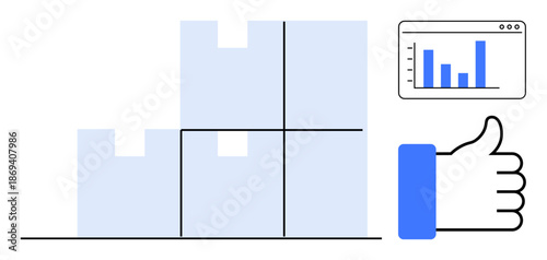 Logistics concept. Logistics stacked boxes, analytics charts, and approval symbol. Logistics enhancing efficiency, supply chain solutions, and delivery management. For shipping, e-commerce data