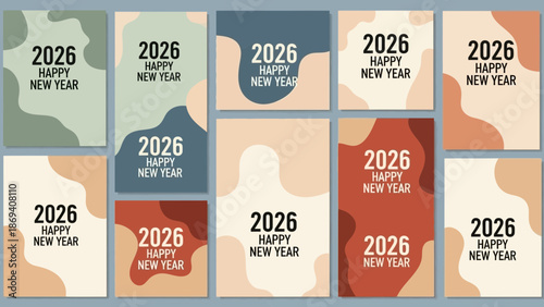 Set of modern minimalist new year 2026 postcards with organic abstract shapes