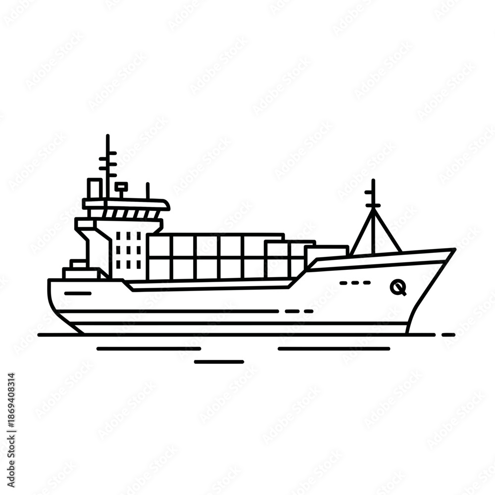 Obraz premium Minimal line art illustration of a cargo container ship at sea.