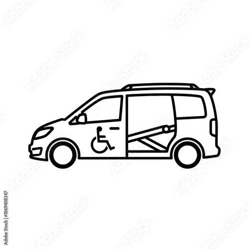 Line art illustration of a wheelchair accessible van with an open sliding door and ramp.