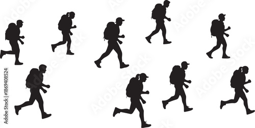 Silhouettes of people running with backpacks in motion