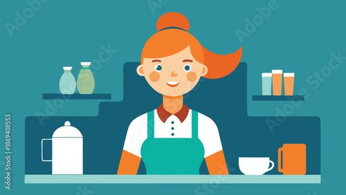 Friendly female barista standing behind counter with coffee cups and jugs