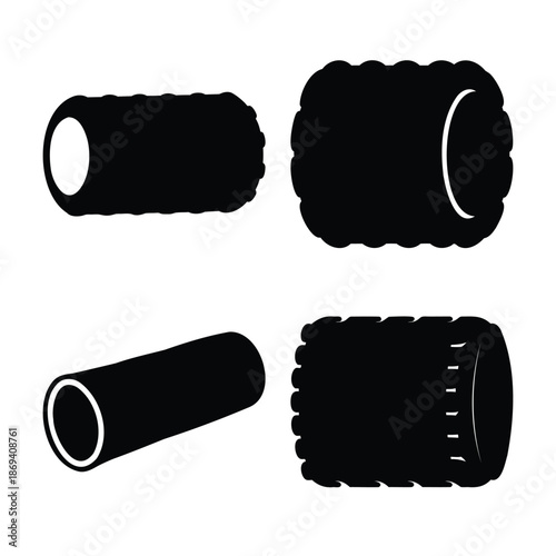 Diverse black silhouette tubular and cylindrical objects with unique textures and perspectives