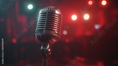 Vintage Microphone on Stage with Bokeh Lights