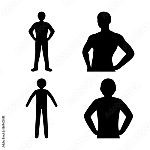 Collection of diverse human body silhouettes representing various figures and postures in black and white