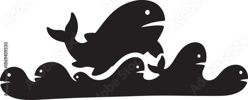 Black silhouette of whale and smaller sea creatures swimming