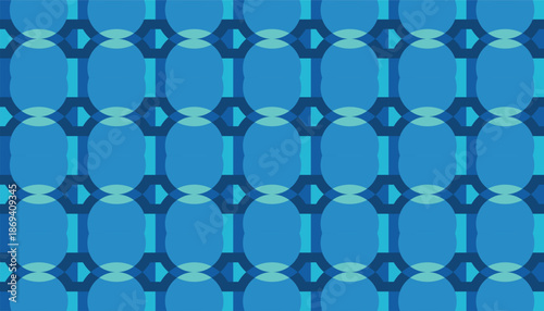 Seamless abstract geometric background with repeating shapes and smooth curves in blue color palette. Suitable for wallpaper, textile, wrapping paper, and branding