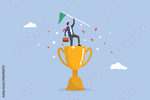 Victory or business achievement, determination for career success concept, triumph or award winning, cheerful businessman winner raising flag on winning trophy, accomplishment for leadership success.