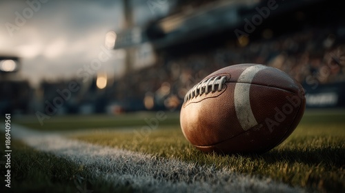 American football lying on a vibrant green