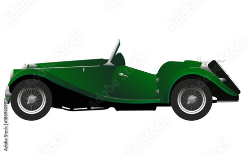 Véhicule cabriolet de collection, de couleur verte, vue de profil