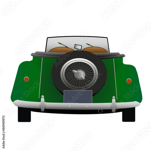 Véhicule cabriolet de collection, de couleur verte, vue de dos
