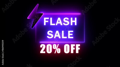 20% Flash sale shopping neon sign fluorescent light glowing banner background. blinking color for store or bar, Text flash sale by neon lights sign board 4k animation on black background