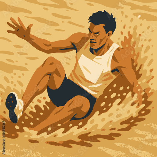 Determined Athlete Landing in Sand Pit During Long Jump.