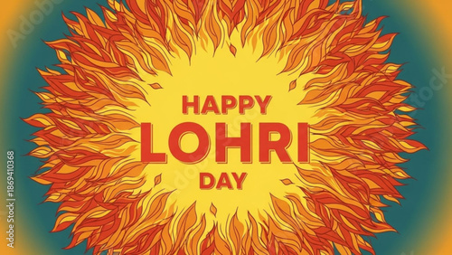 Vibrant lohri day celebration graphic with fiery orange and yellow flames on a dark teal background with Happy Lohri Day and Lohri celebration