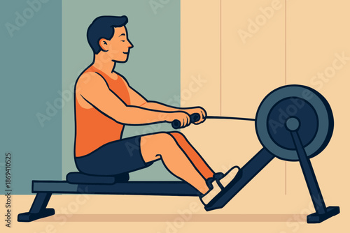 Man Exercising on Rowing Machine for Fitness and Health.
