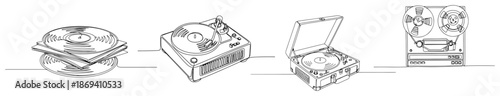 continuous line drawing set of retro audio players and vinyl records