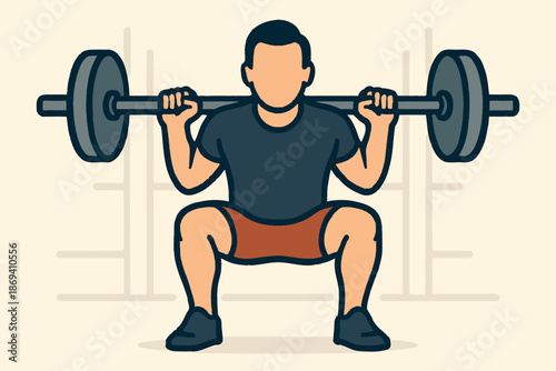 Man Performing a Barbell Squat Exercise for Strength Training.