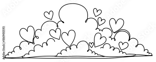 Continuous line drawing of fluffy clouds combined with heart shapes in the sky