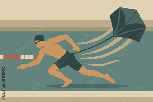 Swimmer training with umbrella for resistance focused on speed and agility.