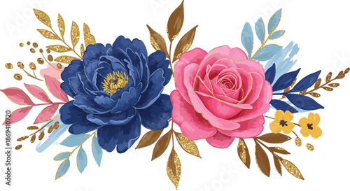 Beautiful floral arrangement with pink and blue roses and foliage