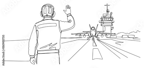 Continuous line drawing of a ground crew member signaling a fighter jet on an aircraft carrier runway
