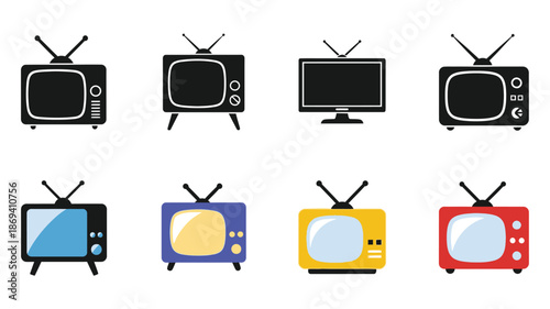 Collection of vintage and modern television sets in various colors and styles