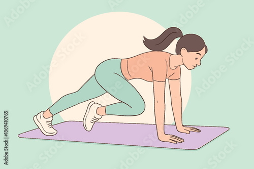 Woman Doing Mountain Climber Exercise on Yoga Mat.