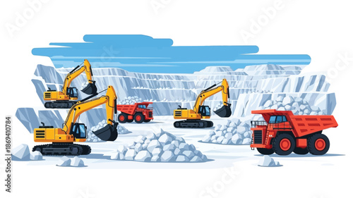 Heavy machinery working at a snowy open pit mine for resource extraction