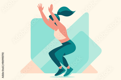 Woman Performing Jumping Jacks Exercise with Arms Raised Up.
